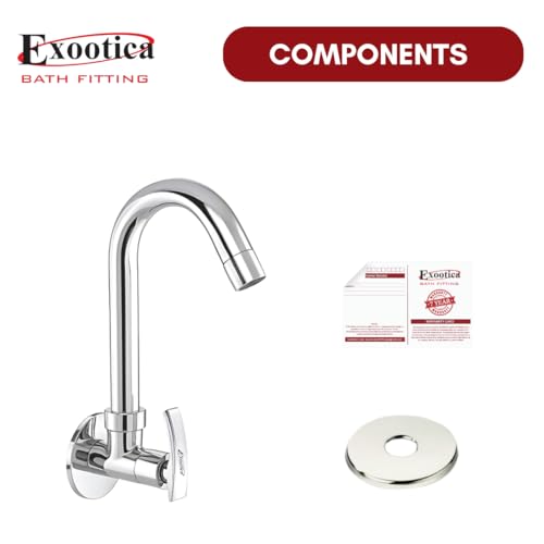 Image of Chrome Finish Silver Sink Cock | Wall Mounted Faucet for Kitchen & Utility Use - Sleek & Durable Design - Soft