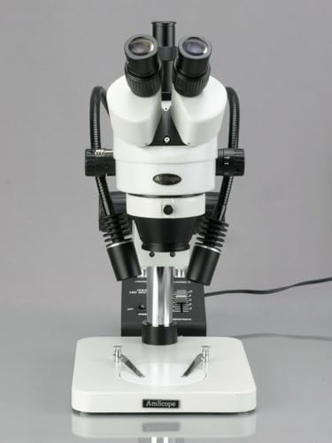 Image of AmScope SM-1TSW2-L6W-10M Digital Professional Trinocular Stereo Zoom Microscope, WH10x and WH25x Eyepieces, 3.5X-225X Magnification, 0.7X-4.5X Zoom Objective, 6W Dual-Gooseneck LED Light, Pillar Stand, 85V-265V, Includes 0.5X and 2.0X Barlow Lenses, Includes 10MP Camera with Reduction Lens and Software