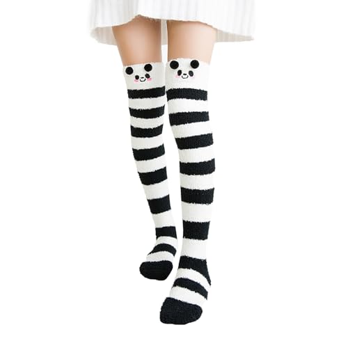 Elandy Women Thigh High Fuzzy Socks Leg Warmer Winter Over the Knee Long Striped Warm Stockings with Cute Cartoon Design