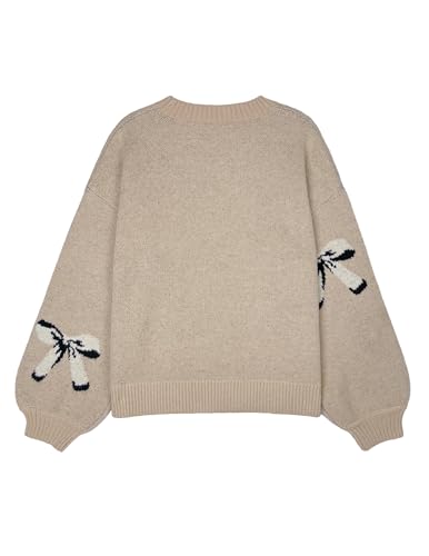 Womens Oversized Cute Bow Tie Sweater Spring 2025 Cozy Chunky Ribbed Knit Crewneck Long Sleeve Pullover Tops3