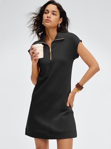 Image of ANRABESS Womens Summer Casual Half Zip Cap Sleeve Trendy Wrinkle-Free Tshirt Dress 2026 Spring Beach Vacation Short Dresses