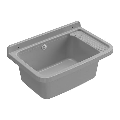 Adventa Bañera Lavadero De Resina De Polipropileno, Fijación A La Pared, Con Sifón Y Desagüe, Resistente A Los Ácidos De Uso Común, Lavadero, Garaje, Exterior, Gris Cemento, 60 X 40 X 25 Cm