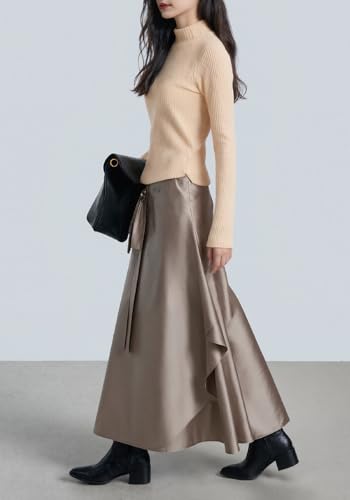 Famnbro Womens Satin Maxi Skirt High Waist Tie Side A-Line Novelty Elegant Work Business Swing Skirts with Pocket3