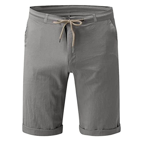 Shorts casuales de lino para hombre con cintura ajustable gris miniatura 3