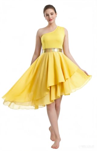 TLMNU Womens Praise Cinched Waist Dance Dress, Sleeveless, Single Shoulder, Irregular Hem Worship Dance Lyrical Dress 001-Yellow Small