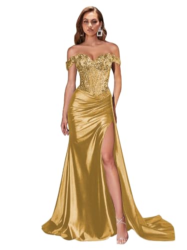 GUKARLEED Sequin Prom Dresses with Slit Long Mermaid Gold Formal Dress for Women Off the Shoulder...