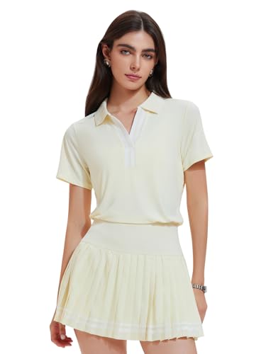 Women 2 Piece Tennis Skirt Set Pleated Golf Outfit Polo V-Neck Athletic Dress Alternative Skort Set for Pickleball Pockets Light Yellow