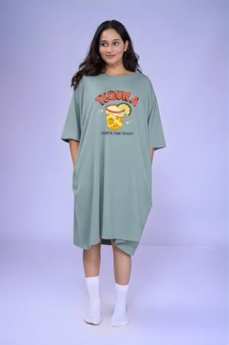 Image of LAMA STORE Women's Printed Oversized T-Shirt Dress, Cotton, 3 /4 Sleeve Length, Casual Loose Fit, Comfort Wear Extra Comfy Oversized Printed Pocket T-Shirt Dress