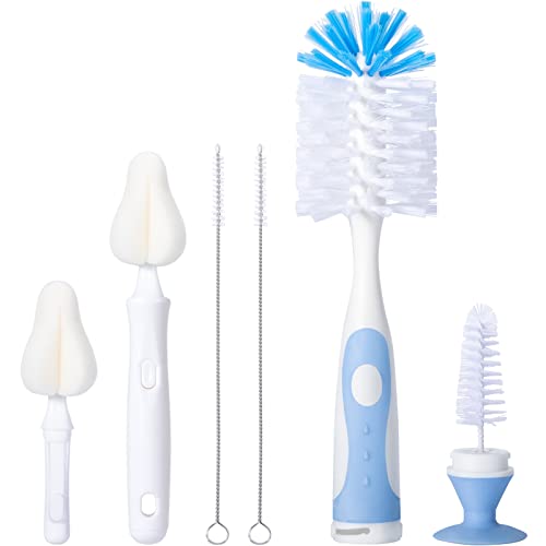 Image of CAREBABYMORE Baby Bottle Brush Set with Nipple Cleaner and Suction, 10.2" Cleaning Brush and 6.5" Sponge Bottle Brush with A Replacement Brush Head and Two 6.7" Straw Brushes, Pack of 5 (Blue)