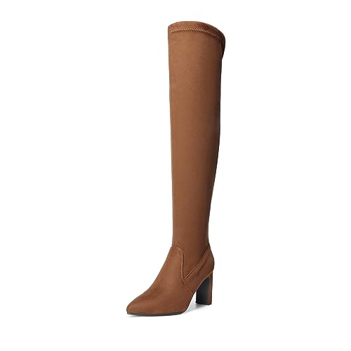DREAM PAIRS Women's Over The Knee Stretch Thigh High Boots Chunky High Heels Pointed Toe Long Fall Boots 8.5 Brown-suede