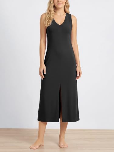 Image of ODODOS Modal Soft Front Split Midi Dress for Women, V Neck Sleeveless Casual Summer Tank Dress