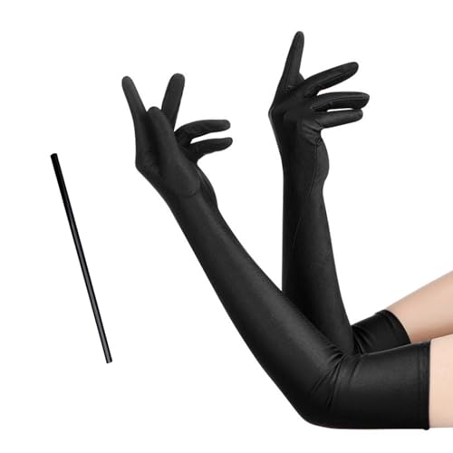 MIVAIUN Guantes Largos para Mujer, Guantes Largos Hasta el Codo, Guantes de Satén Mujer, 1920 Guantes de Noche de Ópera, Vintage Negro Guantes para Boda Fiesta Accesorios, Talla única (2 piezas)