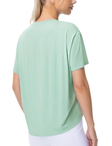 THE GYM PEOPLE Women's Short Sleeve Workout T-Shirts Back Loose Fit Running Yoga Tee Tops Light Green