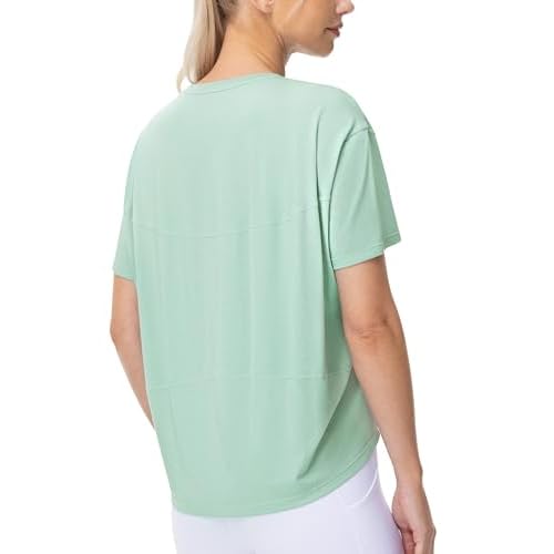 THE GYM PEOPLE Women's Short Sleeve Workout T-Shirts Back Loose Fit Running Yoga Tee Tops Large Light Green