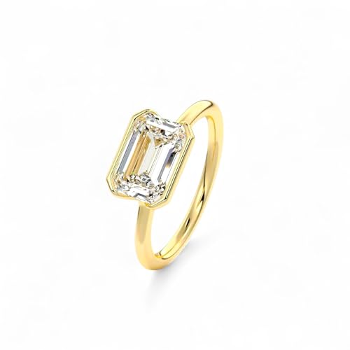 2ct Emerald Cut Moissanite Engagement Ring Yellow Gold Solitaire Wedding Ring Half Bezel Set Modern Bridal Promise Gift for Her