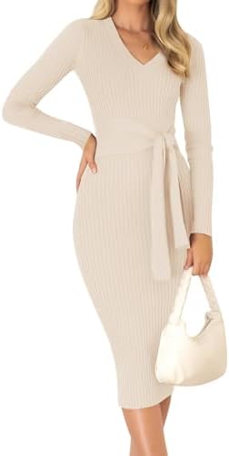 ZESICA Women's 2026 Spring Sweater Dress V Neck Long Sleeve Ribbe...