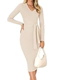 ZESICA Women's 2025 Fall Sweater Dress V Neck Long Sleeve Ribbed Knit Tie Waist Bodycon Slim Fit Midi Dresses Apricot Medium