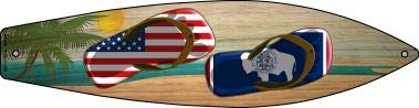 Wyoming Flag and US Flag Flip Flop Novelty Metal Surfboard Sign SB-288