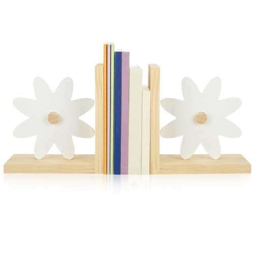 Image of Harloon 2 Pcs Daisy Wooden Bookends Pink Rainbow Moon and Cloud Nursery Bedroom Decor for Home (Daisy)