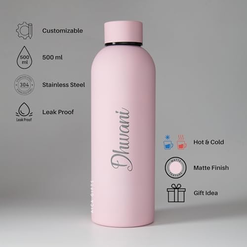 Image of AICA Personalized Name Stainless Steel Water Bottle -500ml -12Hrs Hot & 18Hrs Cold (Babypink) |Customised Gift For Man Woman Girl Boy