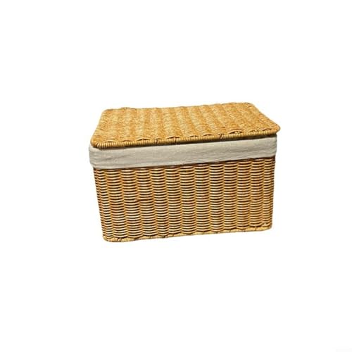 Fauhapyway Cesta de almacenamiento hecha a mano con tapa tejida estilo ratán contenedor para ropa, libros, juguetes, organización del hogar, cesta de almacenamiento de varios tamaños (S)