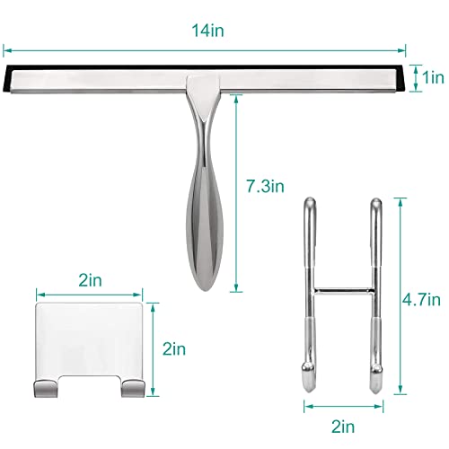 Shower Squeegee For Glass Doors,14-Inch Shower Glass Squeegee, Sliver Shower Squeegee For Shower Doors,Mirror,Windows, With Shower Door Hook And Adhesive Hook #TOP4