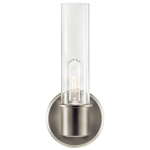 Image of Kichler Aviv 1-Light Wall Sconce, Modern Light with Clear Glass in Brushed Nickel, for Bedroom, Laundry Room, Kitchen or Hallway (13 inch x 5.5 inch), 52653NI