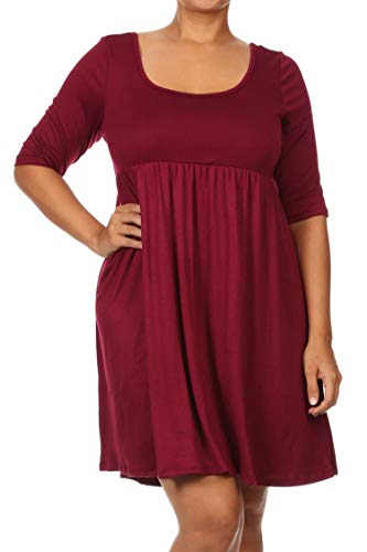 Plus Size Solid 3/4 Sleeve Relax Fit Jersey Knit Tunic Top Dress/Made in USA Burgundy 2XL