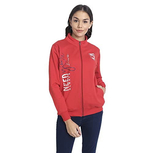 Image of Women Cotton Fleece Zipper Sweatshirt, Full Sleeves Winter Wear, Printed Banded Collar Sweatshirt for Womens