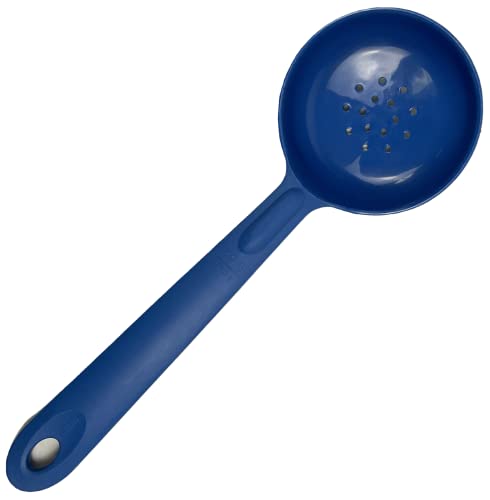 Rite-Size 8 oz. Perforated Round Circle Server Portion Utensil, Copolymer Plastic Heat Resistant Professional Cooking Tool, Blue