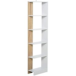Estanteria Sketchup HOMCOM Estantería de Almacenaje con 5 Estantes Librería Multiusos para Estudio Oficina con Base Elevada Diseño Elegante 45x21x170 cm Blanco y Roble