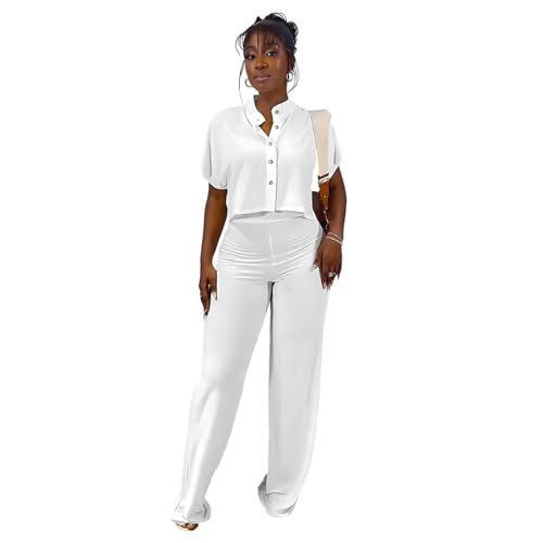 EflAl Conjunto de 2 piezas para mujer, camisa abotonada, color sólido, pantalones de pierna recta, casual, conjunto de chándal, blanco, XL