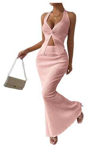 Image of SOLY HUX Women's Two Piece Outfits Twist Front Halter Cami Tops and Skirt Summer Set