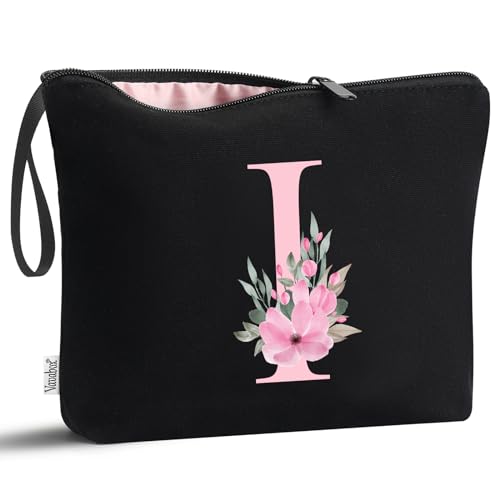 Image of Vavabox A-Z Personalized Makeup Bag, Birthday Gifts for Women Mom, Gifts for Best Friend, Bride Bridesmaid Cosmetic bag (I, 02-Black)