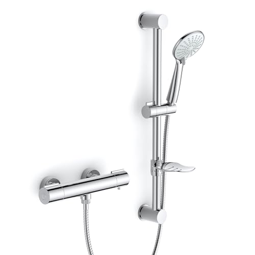FORIOUS Colonne de Douche Thermostatique, Design Cool Touch, Barre de Douche en Acier Inoxydable 60 cm avec Support Réglable, 3 Jets, Verrouillage de Sécurité à 38 °C, Économie d’Eau, Finition Chrome