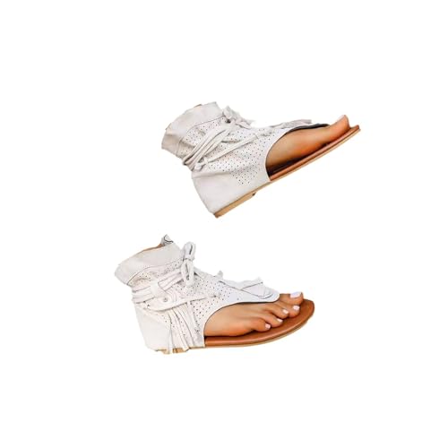 Women's Tassel Gladiator Flip Flops Sandals,Summer Retro Bohemian T-Strap Roman Open-Toe Sandals Casual Beach Flat Clip Toe Ankle Boots