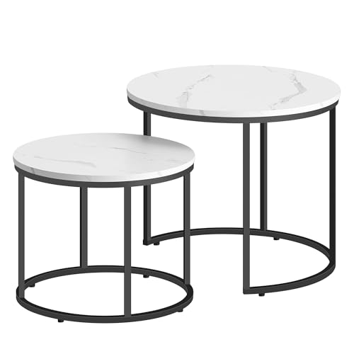 Juego de 2 mesas de centro redondas para salón – Mesas auxiliares estilo loft deslizables entre sí, mesas de sofá de madera y acero, modernas, ahorran espacio (mármol - negro)