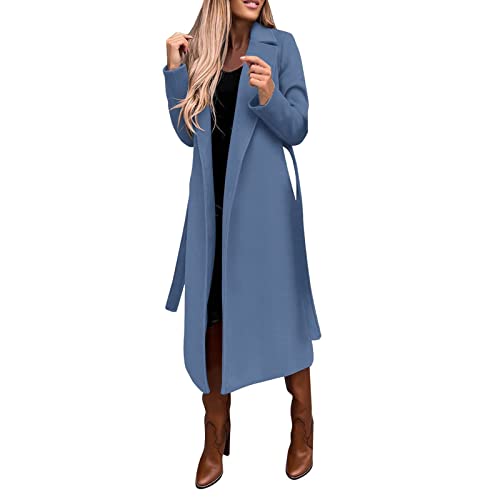 Women's Wool Jackets Coat Thin Cardigan Trench Jacket 2022 Ladies Long Parka Outwear Fashion Slim Waist Belt Top Blue #TOP17