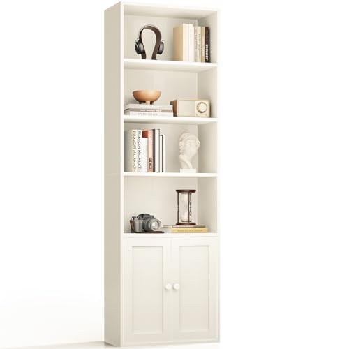 Coleshome Estantería Libros, Librería de 6 Niveles con Puertas y Armario, Estantería de Pie para Salón, Dormitorio, Oficina, Almacenamiento y Exhibición, Blanco, 48 x 24 x 176.4