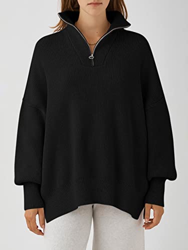 Image of ANRABESS Womens Oversized Quarter Zip Pullover Sweaters | Fall Fashion Outfits, Long Sleeve Slit Side, Baggy Loose Fit, 1 /4 Zip Lapel Collared, Ribbed Knit Soft Warm Winter Clothing