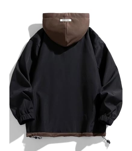 Image of FTIMILD Mens Fake Two Pieces Windbreaker Spring and Fall Vibrant Color Block Coat Lightweight Jacket with Hood