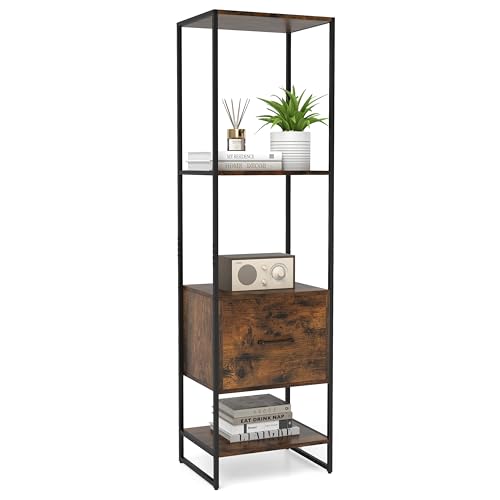 COSTWAY 5-Tier Bookshelf, Tall Narrow Bookcase Shelving Storage Organizer with Drawer, Shelves and Dual Anti-Tipping Kits, Freestanding Metal Frame Display Rack (Rustic Brown + Black)