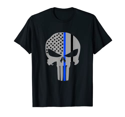 Funny Skull Tees - Camiseta delgada de la línea azul de la bandera americana Camiseta