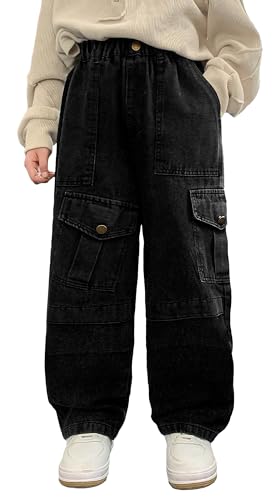 Happy Cherry Boys Baggy Denim Pants Pull On Elastic Waist Wide Leg Jeans Loose Vintage Cargo Jeans with Pockets