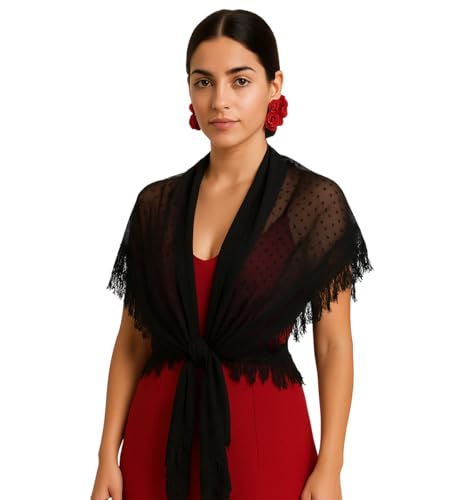 Xaile Flamenco para Mulher Plumeti - Semitransparente Preto ou Branco - Franjas de Algodão 10 cm - 150x75 cm - Lavável à Máquina - Estilo Sevilhana elegante, ideal para dança, festas ou espetáculos.