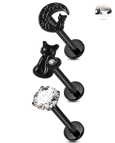 Jewseen 16G Halloween Internally Threaded Tragus Earrings Set Halloween Helix Piercing Jewelry Black Flat Back Earrings Cartilage Lip Nose Stud for Women Men