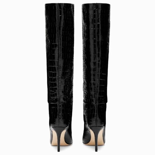 Women's Pointed Toe High Stiletto Heel Knee High Boots 3.94Inch/10cm Fashion Crocodile Calf Width Pull On High Heel Tall Boots Fall Winter Dressy Long Boots for Women4