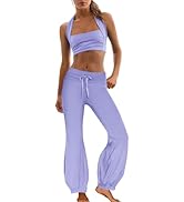 Panadila Women 2 Piece Yoga Sets Pilates Outfit Halter Sports Bra Fold Over Flare Leggings Matchi...