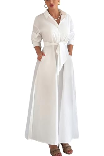Choichic Shirt Dresses for Women Oversized Side Slit Long Sleeve Button Down T Shirt Dress Maxi Dresses Cover Up with Pockets Belt XX-Large White