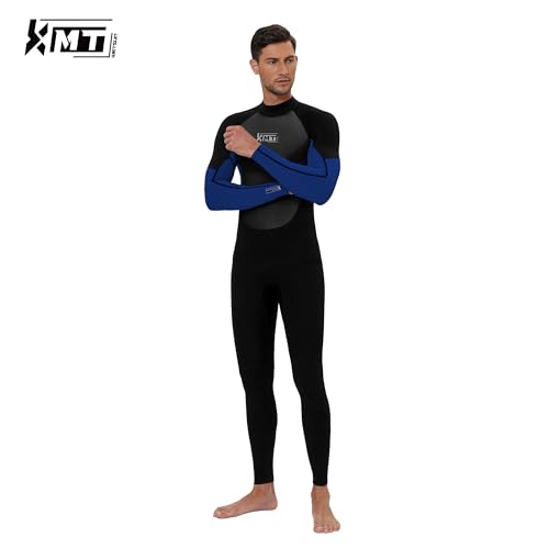 KMT Wetsuit for Men, Mens 3/2mm Wetsuits Full Ultraflex Wet Suits Back Zip Keep Warm in Cold Water High-Elasticity CR, Blue Large